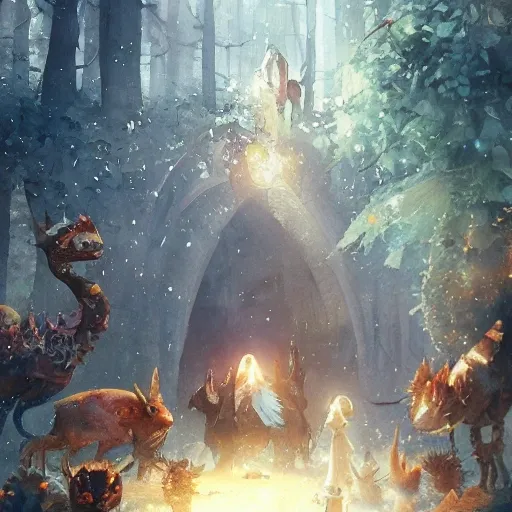 magical world filled with cute an kindful fantastical creatures, where kindness and joy are celebrated, watercolor, warm colors, by greg rutkowski, iridescent accents, ray tracing, product lighting, sharp, smooth, masterpiece