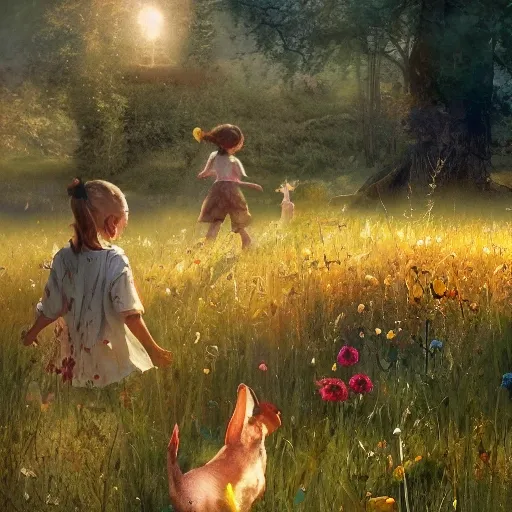 magical meadow, buzzing with joy as kind-hearted animals  playing with children, watercolor, warm colors, by greg rutkowski, iridescent accents, ray tracing, product lighting, sharp, smooth, masterpiece