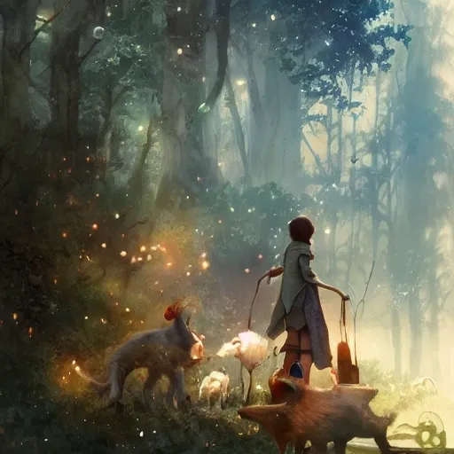 magical world filled with cute an kindful fantastical animals and children, where kindness and joy are celebrated, watercolor, warm colors, by greg rutkowski, iridescent accents, ray tracing, product lighting, sharp, smooth, masterpiece