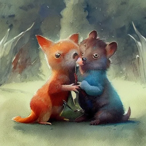 cute kindly animal characters engaging in acts of kindness, such as sharing and comforting, watercolor, warm colors, by greg rutkowski, iridescent accents, ray tracing, product lighting, sharp, smooth, masterpiece