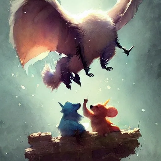 cute animal characters engaging in acts of kindness, playing with children, such as sharing and comforting, watercolor, warm colors, by greg rutkowski, iridescent accents, ray tracing, product lighting, sharp, smooth, masterpiece