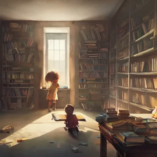 child in the office, exploring books, watercolor, warm colors, by greg rutkowski, iridescent accents, ray tracing, product lighting, sharp, smooth, masterpiece 