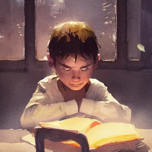 child at the table reading book, table light, watercolor, warm colors, by greg rutkowski, iridescent accents, ray tracing, product lighting, sharp, smooth, masterpiece