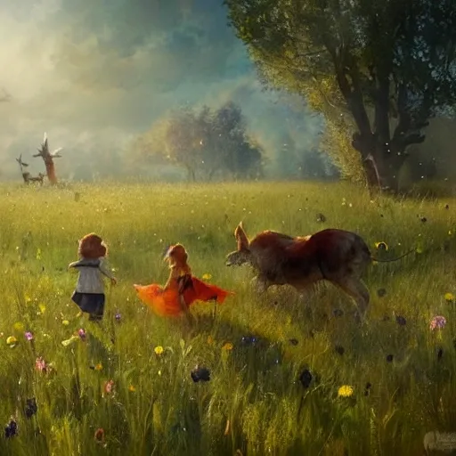 magical meadow, buzzing with joy as kind-hearted animals  playing with children, watercolor, warm colors, by greg rutkowski, iridescent accents, ray tracing, product lighting, sharp, smooth, masterpiece