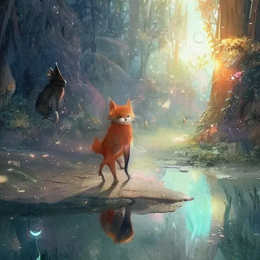 magical world filled with cute an kindful fantastical animals and children, where kindness and joy are celebrated, watercolor, warm colors, by greg rutkowski, iridescent accents, ray tracing, product lighting, sharp, smooth, masterpiece