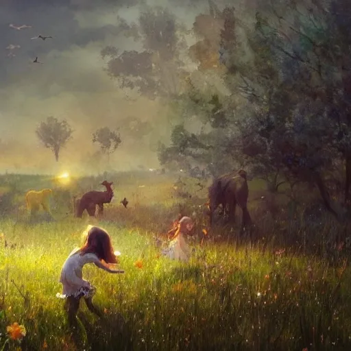 magical meadow, buzzing with joy as kind-hearted animals  playing with children, watercolor, warm colors, by greg rutkowski, iridescent accents, ray tracing, product lighting, sharp, smooth, masterpiece