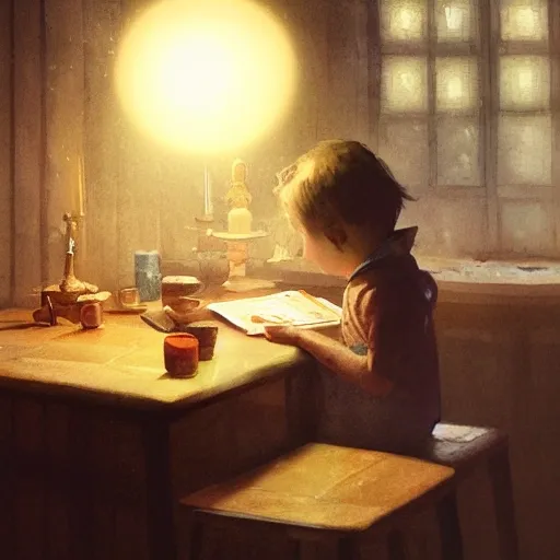 child at the table reading book, table light, watercolor, warm colors, by greg rutkowski, iridescent accents, ray tracing, product lighting, sharp, smooth, masterpiece