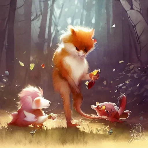 cute kindly animal characters playing with children, watercolor, warm colors, by greg rutkowski, iridescent accents, ray tracing, product lighting, sharp, smooth, masterpiece