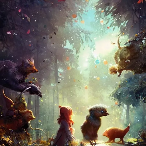 magical world filled with cute an kindful fantastical animals and children, where kindness and joy are celebrated, watercolor, warm colors, by greg rutkowski, iridescent accents, ray tracing, product lighting, sharp, smooth, masterpiece