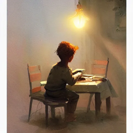 child at the table reading book, table light, watercolor, warm colors, by greg rutkowski, iridescent accents, ray tracing, product lighting, sharp, smooth, masterpiece