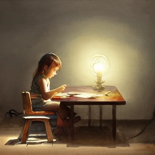 the child is sitting at the table and reading a book, there is a table lamp on the table, watercolor, warm colors, by greg rutkowski, iridescent accents, ray tracing, product lighting, sharp, smooth, masterpiece