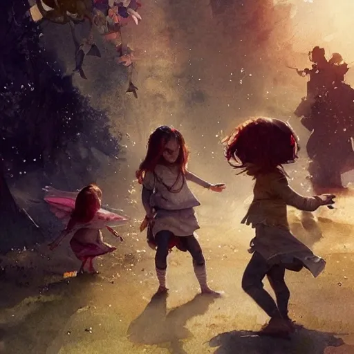 cute kindly fantasy characters playing with children, watercolor, warm colors, by greg rutkowski, iridescent accents, ray tracing, product lighting, sharp, smooth, masterpiece