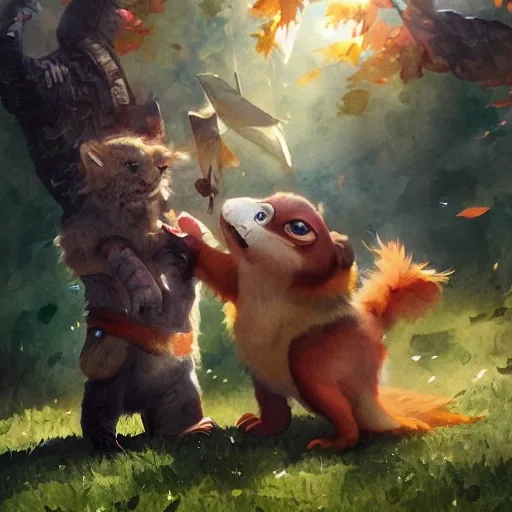 cute animal characters playing with children, watercolor, warm colors, by greg rutkowski, iridescent accents, ray tracing, product lighting, sharp, smooth, masterpiece