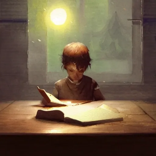 child at the table reading book, table light, watercolor, warm colors, by greg rutkowski, iridescent accents, ray tracing, product lighting, sharp, smooth, masterpiece