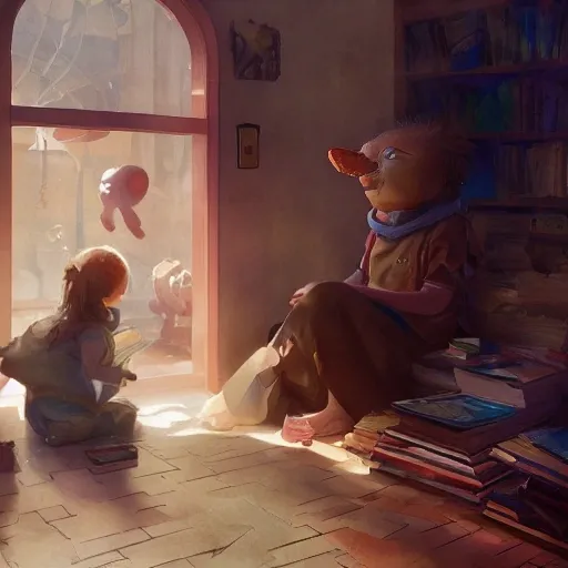 wise and gentle book character interacting with a child, watercolor, warm colors, by greg rutkowski, iridescent accents, ray tracing, product lighting, sharp, smooth, masterpiece