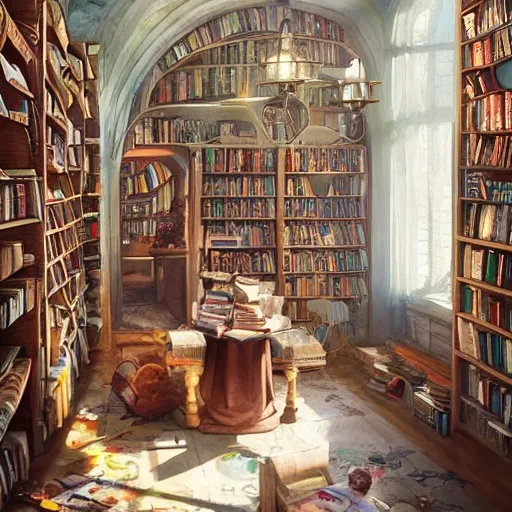 whimsical library, where books come to life and engage in conversations with children, promoting kindness and empathy, watercolor, warm colors, by greg rutkowski, iridescent accents, ray tracing, product lighting, sharp, smooth, masterpiece