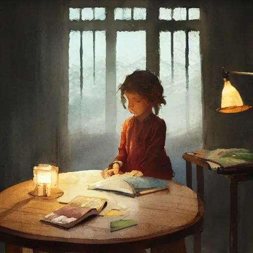 the child is sitting at the table and reading a book, there is a table lamp on the table, watercolor, warm colors, by greg rutkowski, iridescent accents, ray tracing, product lighting, sharp, smooth, masterpiece