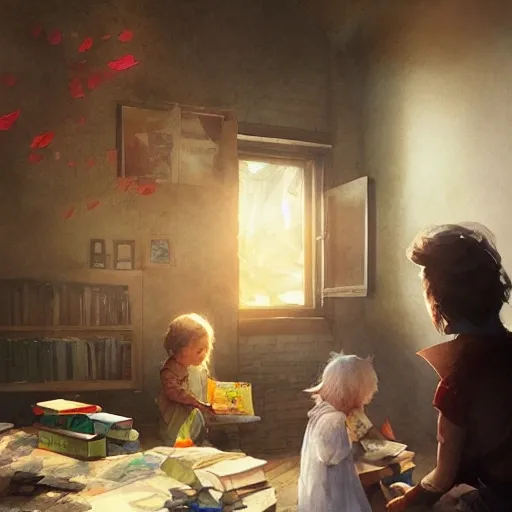 wise and gentle book interacting with a child, watercolor, warm colors, by greg rutkowski, iridescent accents, ray tracing, product lighting, sharp, smooth, masterpiece