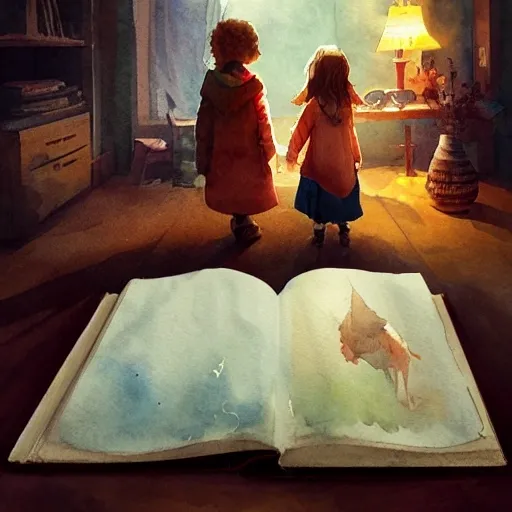 wise and gentle book interacting with a child, watercolor, warm colors, by greg rutkowski, iridescent accents, ray tracing, product lighting, sharp, smooth, masterpiece