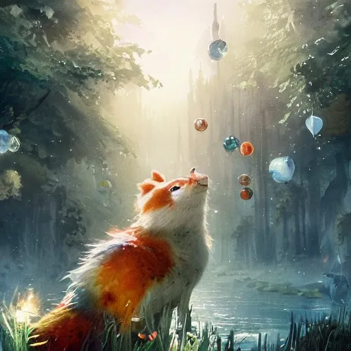 magical world filled with cute an kindful fantastical animals and children, where kindness and joy are celebrated, watercolor, warm colors, by greg rutkowski, iridescent accents, ray tracing, product lighting, sharp, smooth, masterpiece