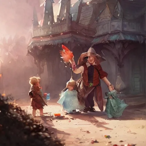 cute kindly fantasy characters playing with children, watercolor, warm colors, by greg rutkowski, iridescent accents, ray tracing, product lighting, sharp, smooth, masterpiece