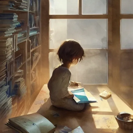 child in the office, exploring books, watercolor, warm colors, by greg rutkowski, iridescent accents, ray tracing, product lighting, sharp, smooth, masterpiece 