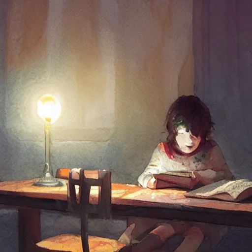 child at the table reading book, table light, watercolor, warm colors, by greg rutkowski, iridescent accents, ray tracing, product lighting, sharp, smooth, masterpiece