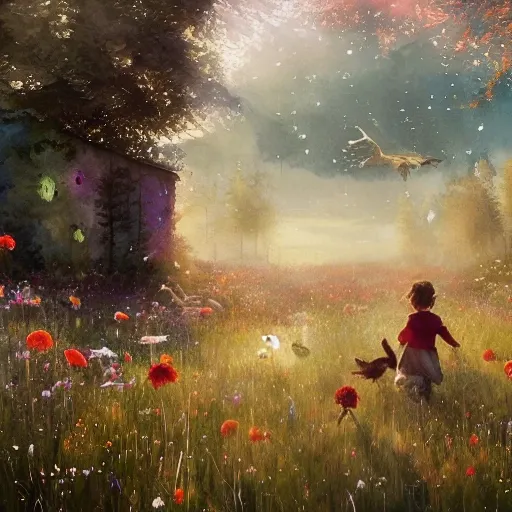 magical meadow, buzzing with joy as kind-hearted animals  playing with children, watercolor, warm colors, by greg rutkowski, iridescent accents, ray tracing, product lighting, sharp, smooth, masterpiece