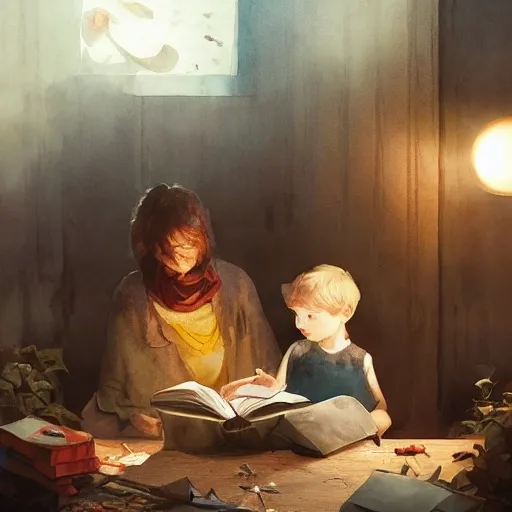 wise and gentle book interacting with a child, watercolor, warm colors, by greg rutkowski, iridescent accents, ray tracing, product lighting, sharp, smooth, masterpiece