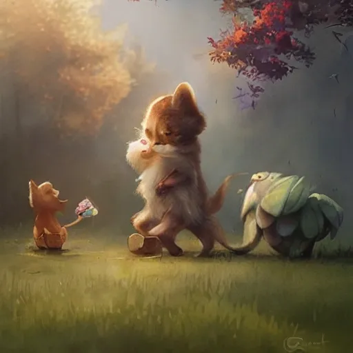 cute animal characters playing with children, watercolor, warm colors, by greg rutkowski, iridescent accents, ray tracing, product lighting, sharp, smooth, masterpiece