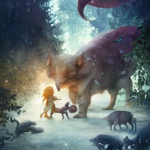 magical world filled with cute an kindful fantastical animals and children, where kindness and joy are celebrated, watercolor, warm colors, by greg rutkowski, iridescent accents, ray tracing, product lighting, sharp, smooth, masterpiece