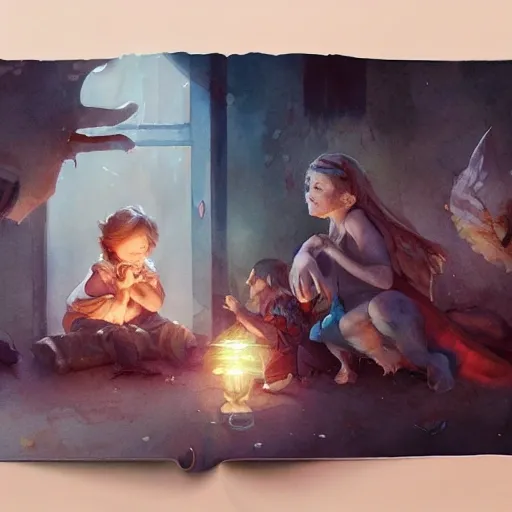 cute kindly fantasy characters playing with children, watercolor, warm colors, by greg rutkowski, iridescent accents, ray tracing, product lighting, sharp, smooth, masterpiece