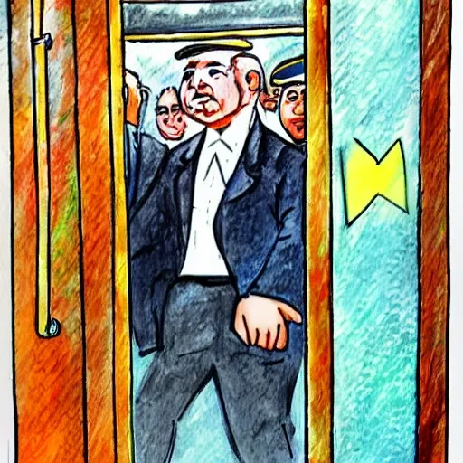 an dictator inside elevator, Water Color, Oil Painting, Cartoon