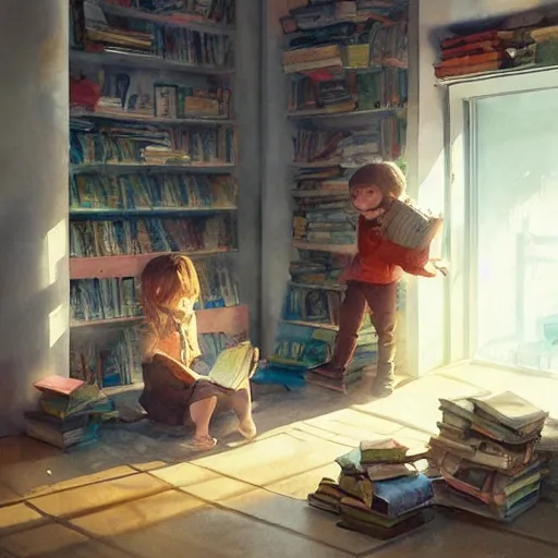 child in the office, exploring books, watercolor, warm colors, by greg rutkowski, iridescent accents, ray tracing, product lighting, sharp, smooth, masterpiece 