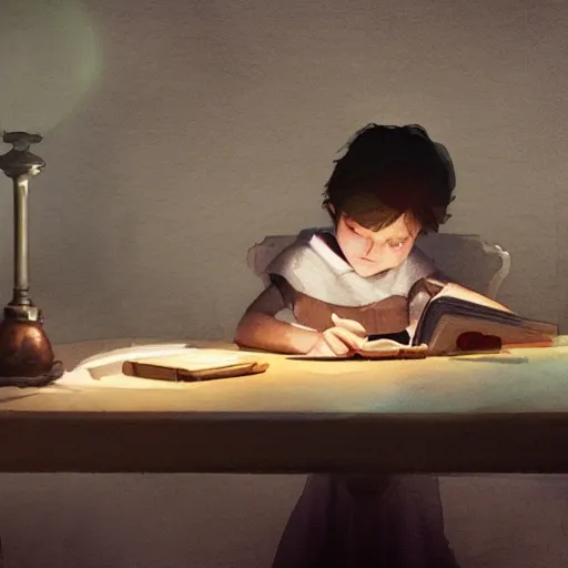 child at the table reading book, table light, watercolor, warm colors, by greg rutkowski, iridescent accents, ray tracing, product lighting, sharp, smooth, masterpiece