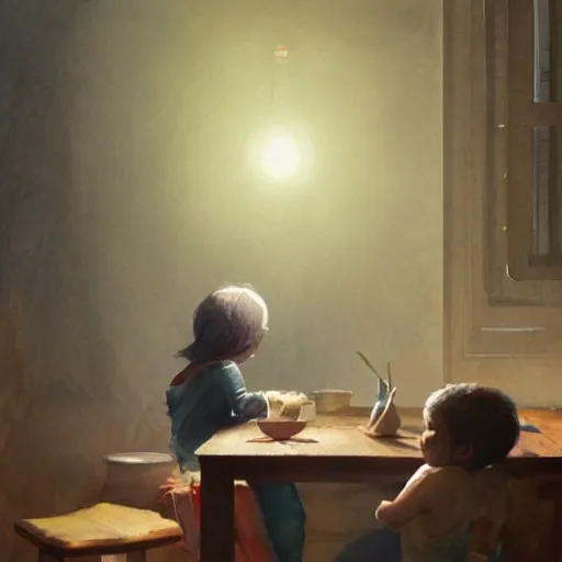 the child is sitting at the table and reading a book, there is a table lamp on the table, watercolor, warm colors, by greg rutkowski, iridescent accents, ray tracing, product lighting, sharp, smooth, masterpiece