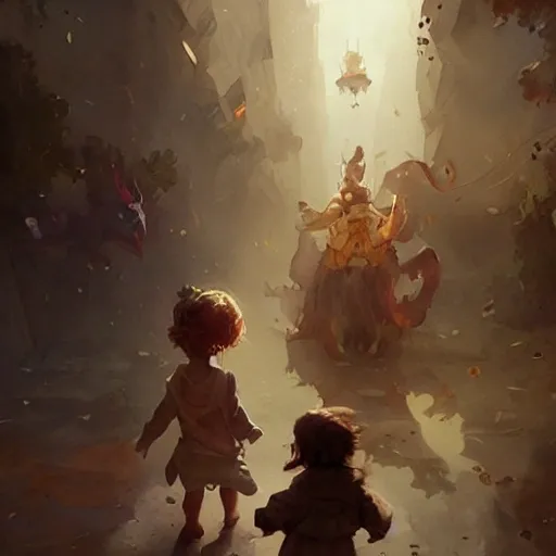 cute kindly fantasy characters playing with children, watercolor, warm colors, by greg rutkowski, iridescent accents, ray tracing, product lighting, sharp, smooth, masterpiece