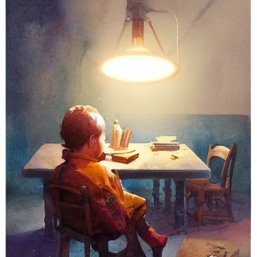 child at the table reading book, table light, watercolor, warm colors, by greg rutkowski, iridescent accents, ray tracing, product lighting, sharp, smooth, masterpiece