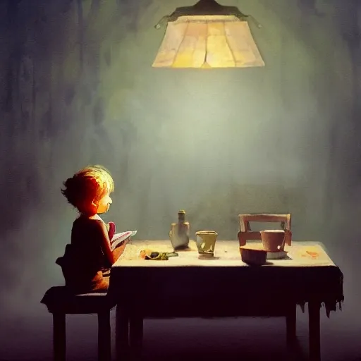 the child is sitting at the table and reading a book, there is a table lamp on the table, watercolor, warm colors, by greg rutkowski, iridescent accents, ray tracing, product lighting, sharp, smooth, masterpiece