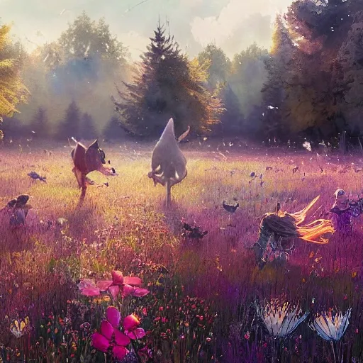 magical meadow, buzzing with joy as kind-hearted animals  playing with children, watercolor, warm colors, by greg rutkowski, iridescent accents, ray tracing, product lighting, sharp, smooth, masterpiece