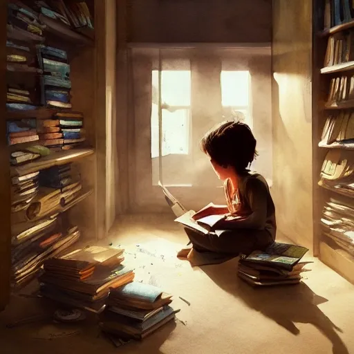 child in the office, exploring books, watercolor, warm colors, by greg rutkowski, iridescent accents, ray tracing, product lighting, sharp, smooth, masterpiece 