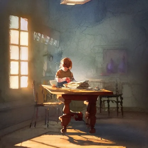 the child is sitting at the table and reading a book, there is a table lamp on the table, watercolor, warm colors, by greg rutkowski, iridescent accents, ray tracing, product lighting, sharp, smooth, masterpiece