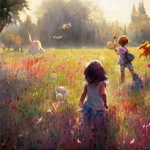 magical meadow, buzzing with joy as kind-hearted animals  playing with children, watercolor, warm colors, by greg rutkowski, iridescent accents, ray tracing, product lighting, sharp, smooth, masterpiece