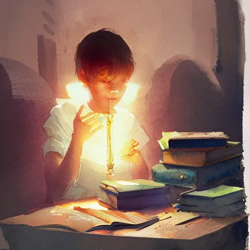 child at the table reading book, table light, watercolor, warm colors, by greg rutkowski, iridescent accents, ray tracing, product lighting, sharp, smooth, masterpiece