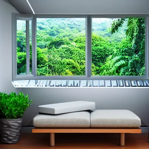 Relaxing cushion with headphone nearby, with view of rainforest outside window, night time 16:9, 3D.
No human.
