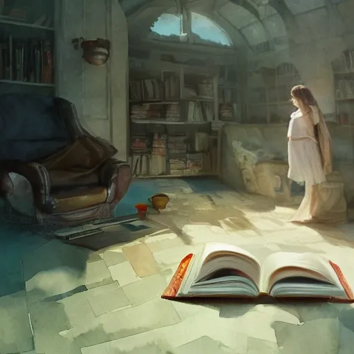 engrossed in a book, where the pictures come to life as they read, watercolor, warm colors, by greg rutkowski, iridescent accents, ray tracing, product lighting, sharp, smooth, masterpiece