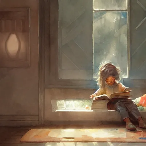 child sitting in a cozy nook, completely absorbed in a book as the illustrations animate around them, watercolor, warm colors, by greg rutkowski, iridescent accents, ray tracing, product lighting, sharp, smooth, masterpiece