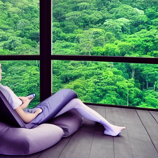 Relaxing cushion with headphone nearby, with view of rainforest outside window, night time 16:9, 3D.
No human.
, 3D