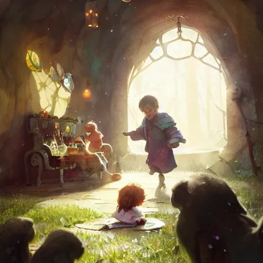 magical storybook with a friendly face, playing with an excited child children, watercolor, warm colors, by greg rutkowski, iridescent accents, ray tracing, product lighting, sharp, smooth, masterpiece