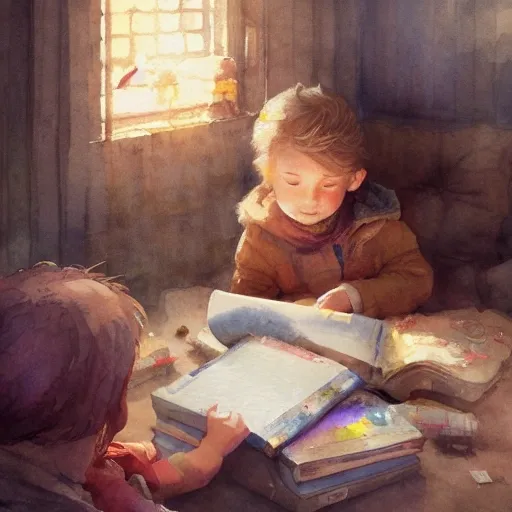 wise and gentle book interacting with a child, watercolor, warm colors, by greg rutkowski, iridescent accents, ray tracing, product lighting, sharp, smooth, masterpiece